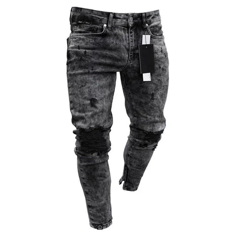 Men Slim Biker Ripped Long Denim Trousers Skinny