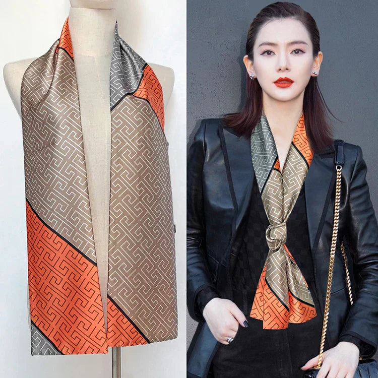 Choice Long Small Women Silk Scarf Tie Decorated