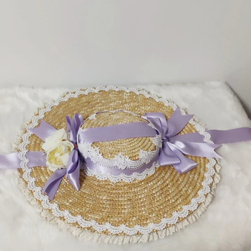 Japanese Lolita Sweet Handmade Straw Sun Hat Lace