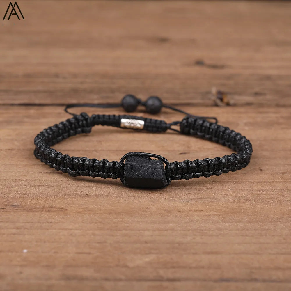 Natural Black Tourmaline Single Beads Woven Adjustable Bracelet