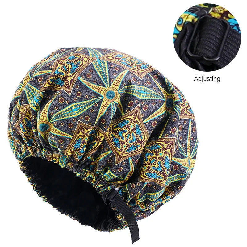 Oversize Africa Print Invisible Adjustable Round Hat Satin