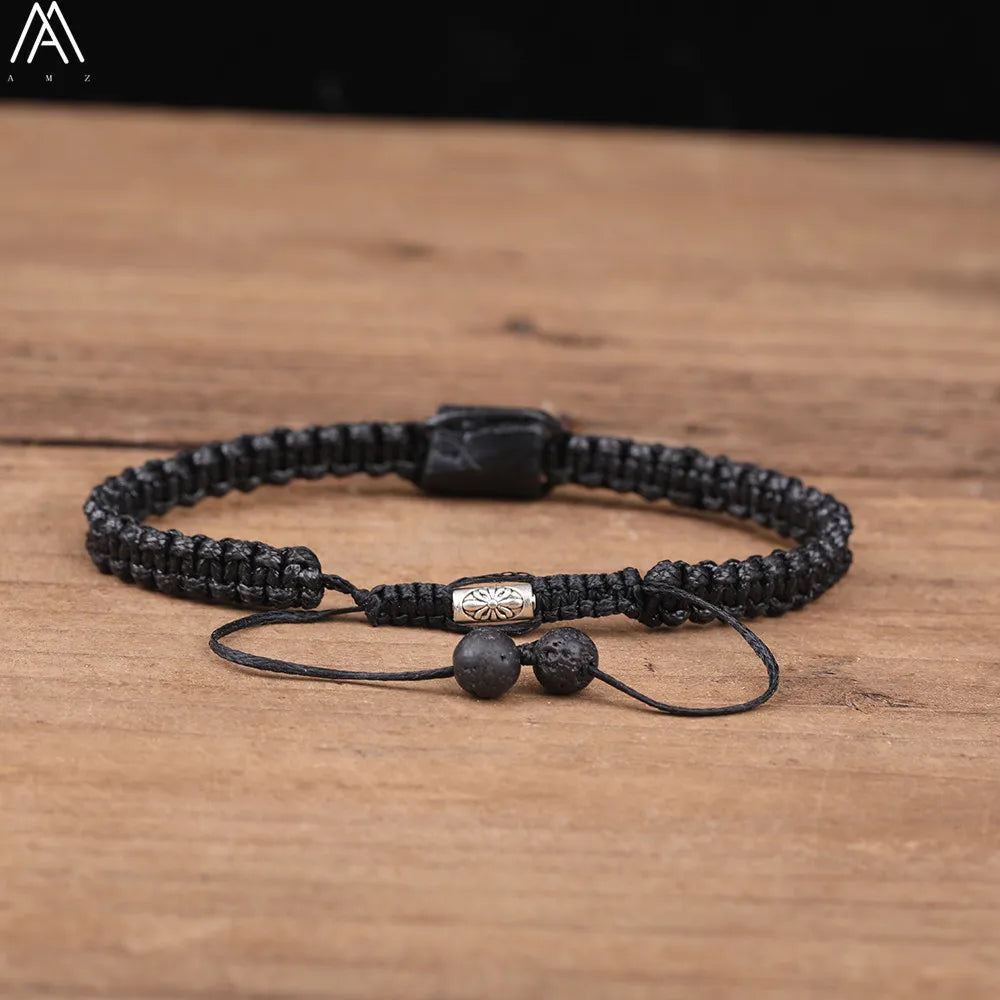 Natural Black Tourmaline Single Beads Woven Adjustable Bracelet
