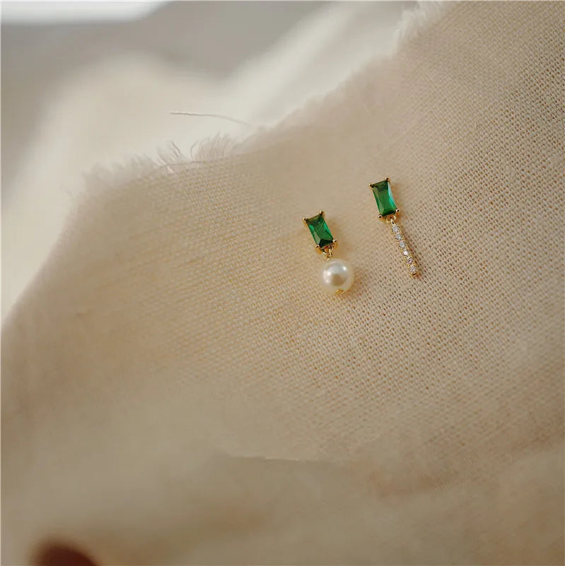 925 Sterling Silver French Simple Emerald Pearl Earrings