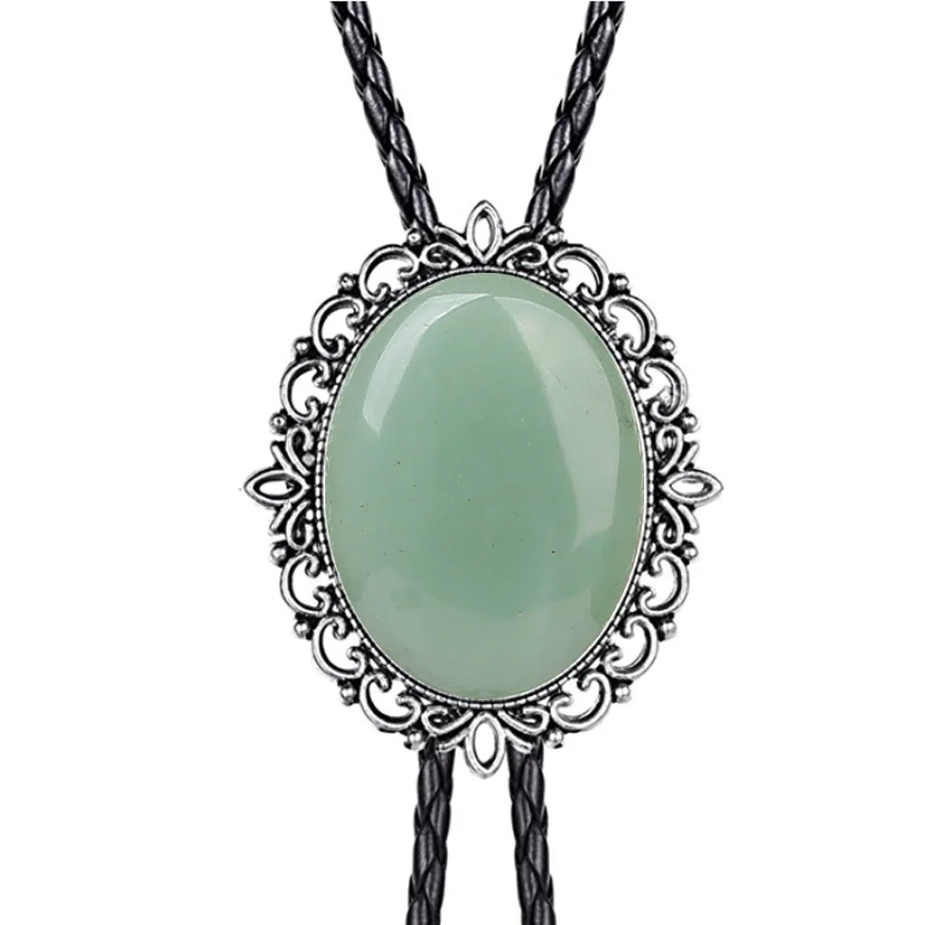Hollow pattern emerald bolo tie leather cord necklace
