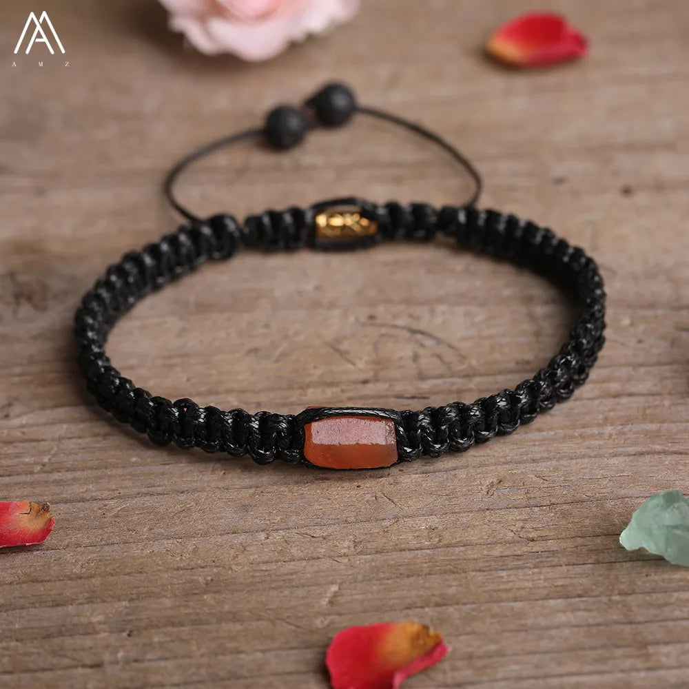 Natural Black Tourmaline Single Beads Woven Adjustable Bracelet
