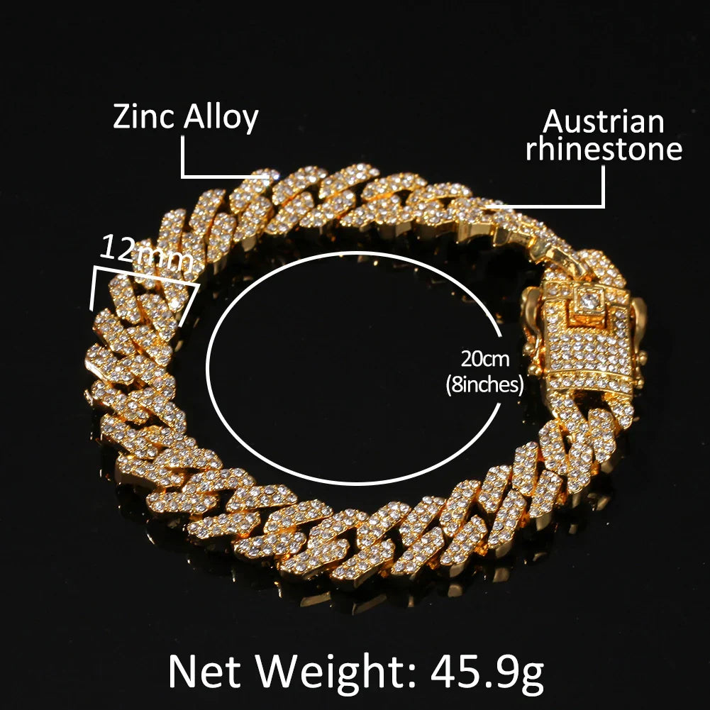 UWIN 12mm Bling S-Link Miami Cuban Bracelets Gold