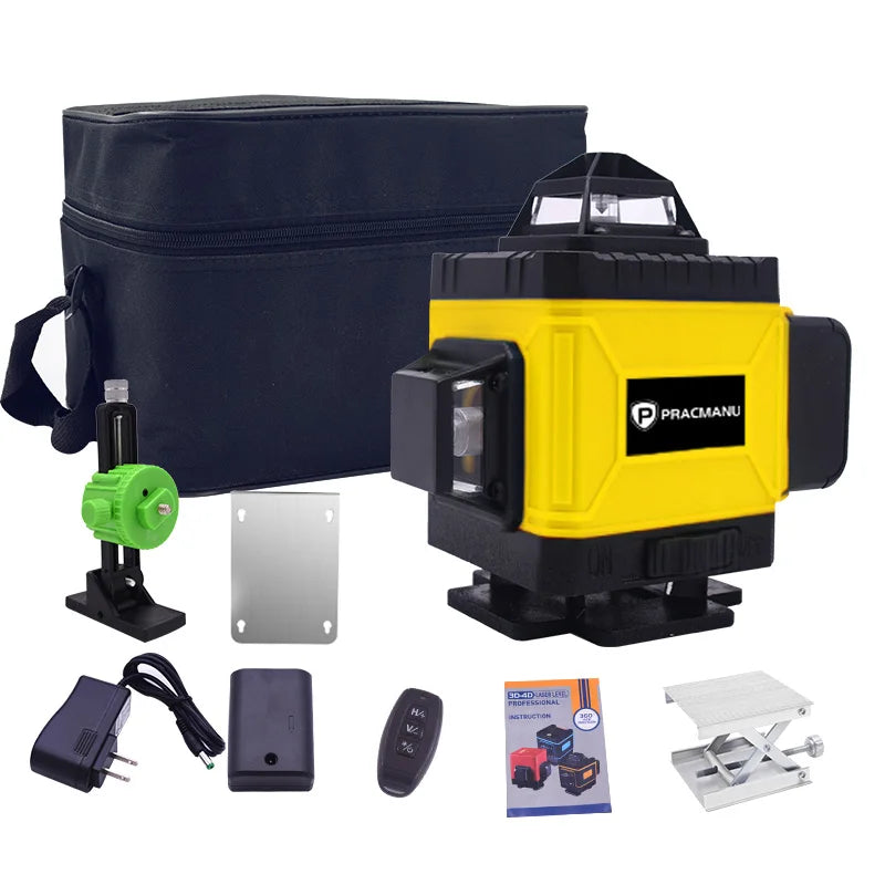 Pracmanu 16 Lines 4D Laser Level Horizontal & Vertical Cross Line Green Beam 360° Self-Leveling Laser Level with Remote Control