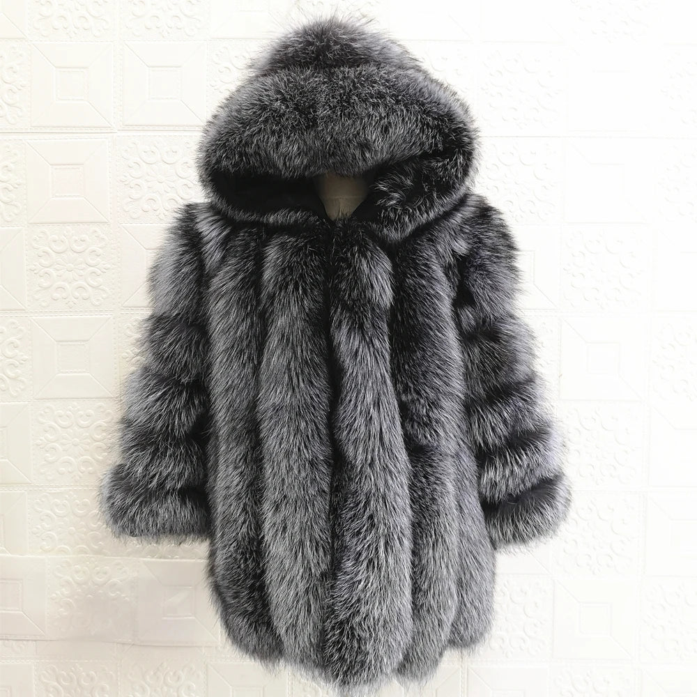 Hooded Silver Fox Fur Coat for Women, Plus