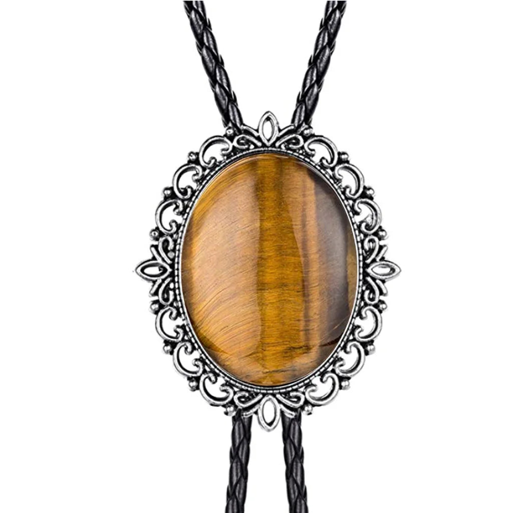 Hollow pattern emerald bolo tie leather cord necklace