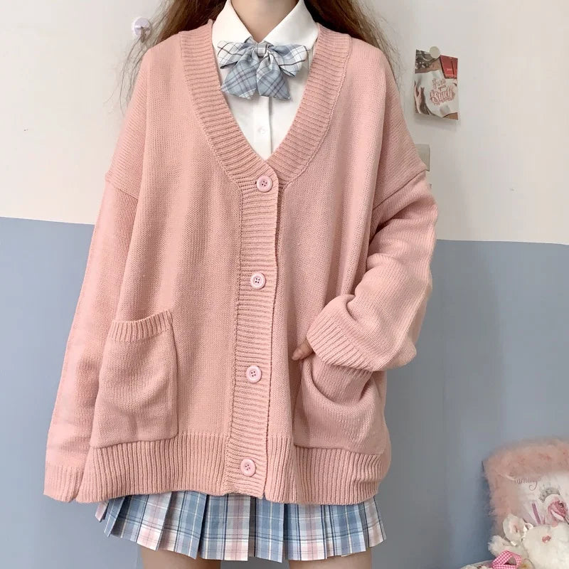 Japan School Sweater Spring Autumn Vneck Cotton Knitted