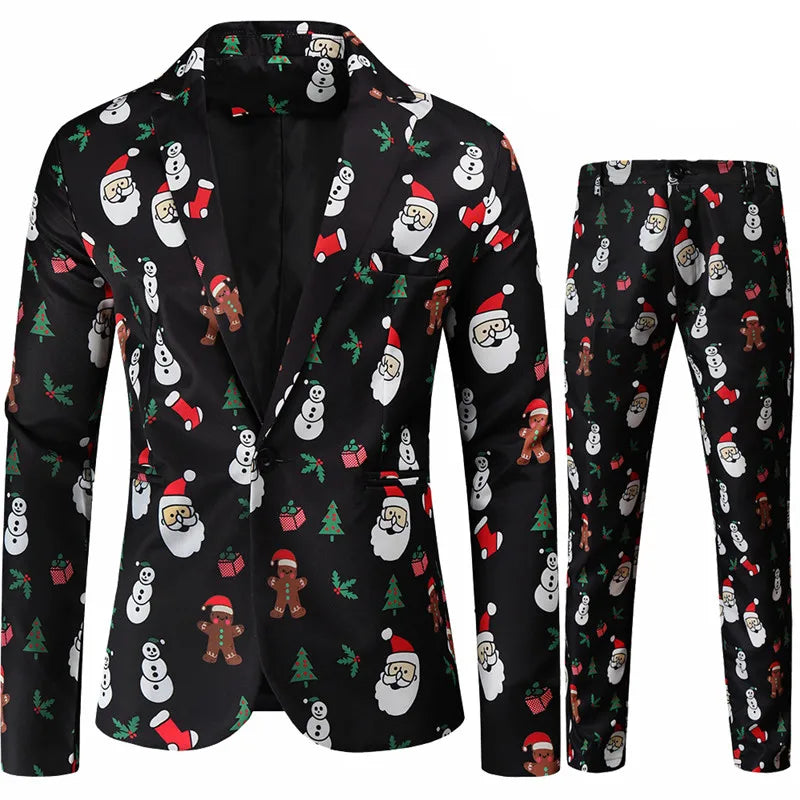 Red Printed Two-piece Men's Christmas Suit Jacket