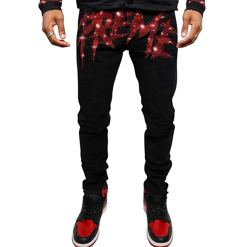 New Man Stretchy Jeans Black Skinny Hot Drill