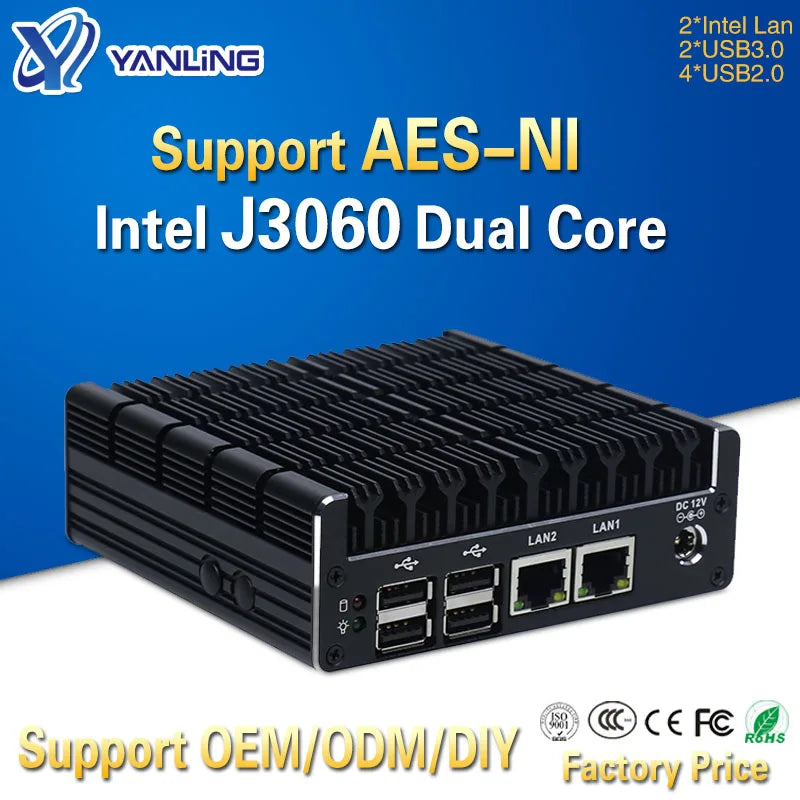 Yanling Latest Intel J3060 Fanless Mini PC Dual