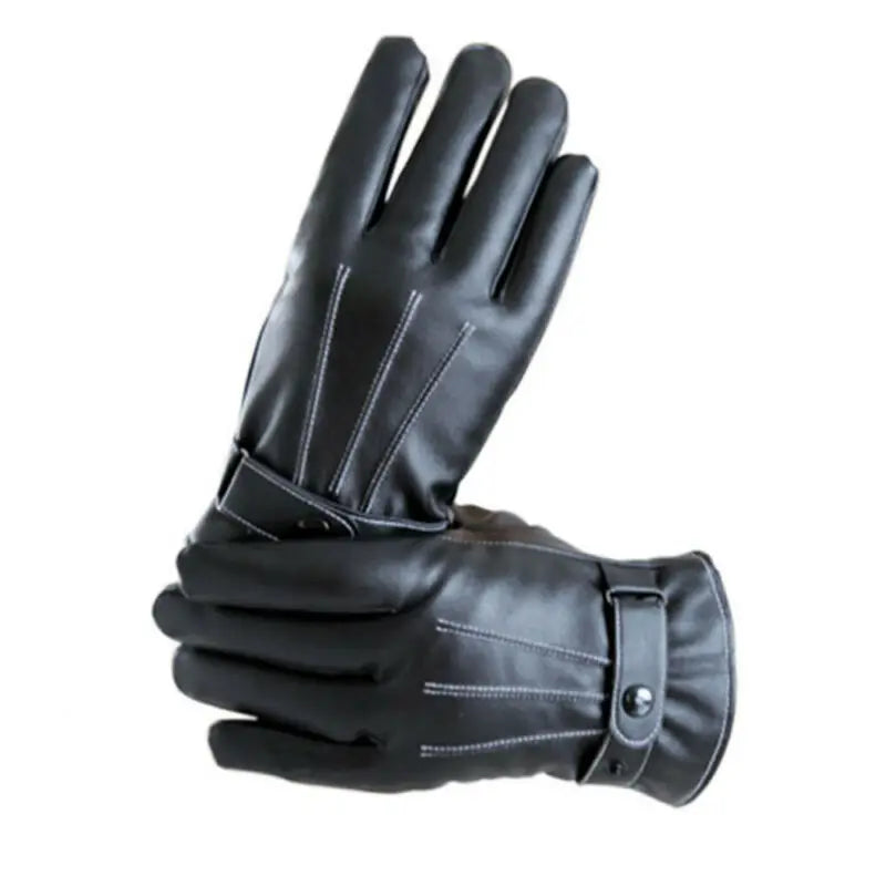 Gloves Men Winter Leather Black Gloves Button Warm