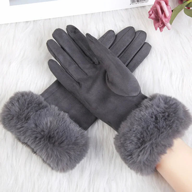 Women Faux Rabit Fur Wrist Suede Leather Touch