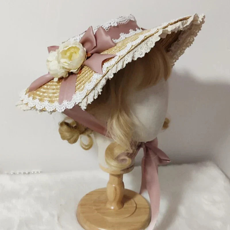 Japanese Lolita Sweet Handmade Straw Sun Hat Lace