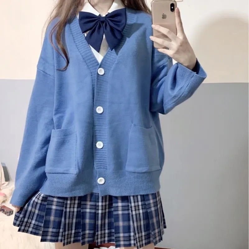 Japan School Sweater Spring Autumn Vneck Cotton Knitted