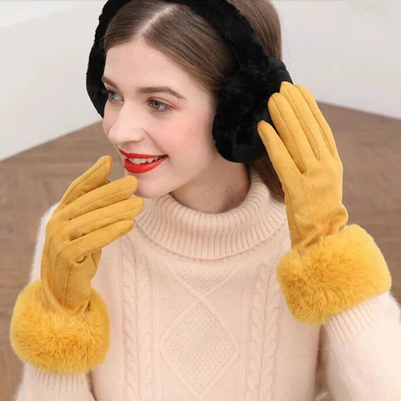 Women Faux Rabit Fur Wrist Suede Leather Touch