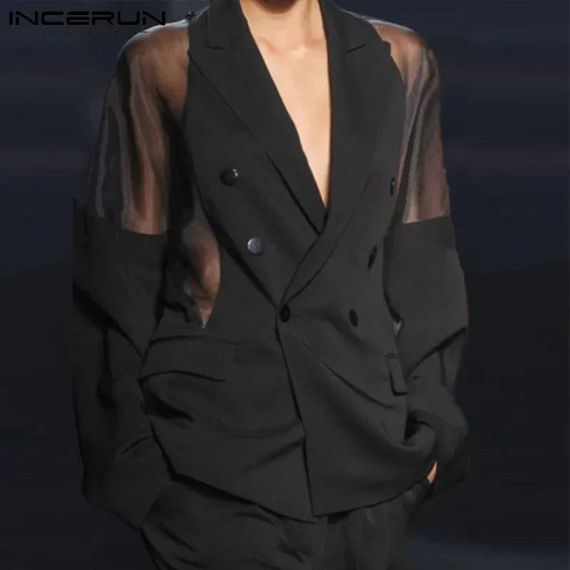 Men Blazer Mesh Patchwork See Through Streetwear Double