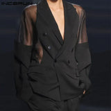 Men Blazer Mesh Patchwork See Through Streetwear Double