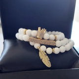 3Pcs/Sets 8MM White Stone Beads Bracelet Sets CZ