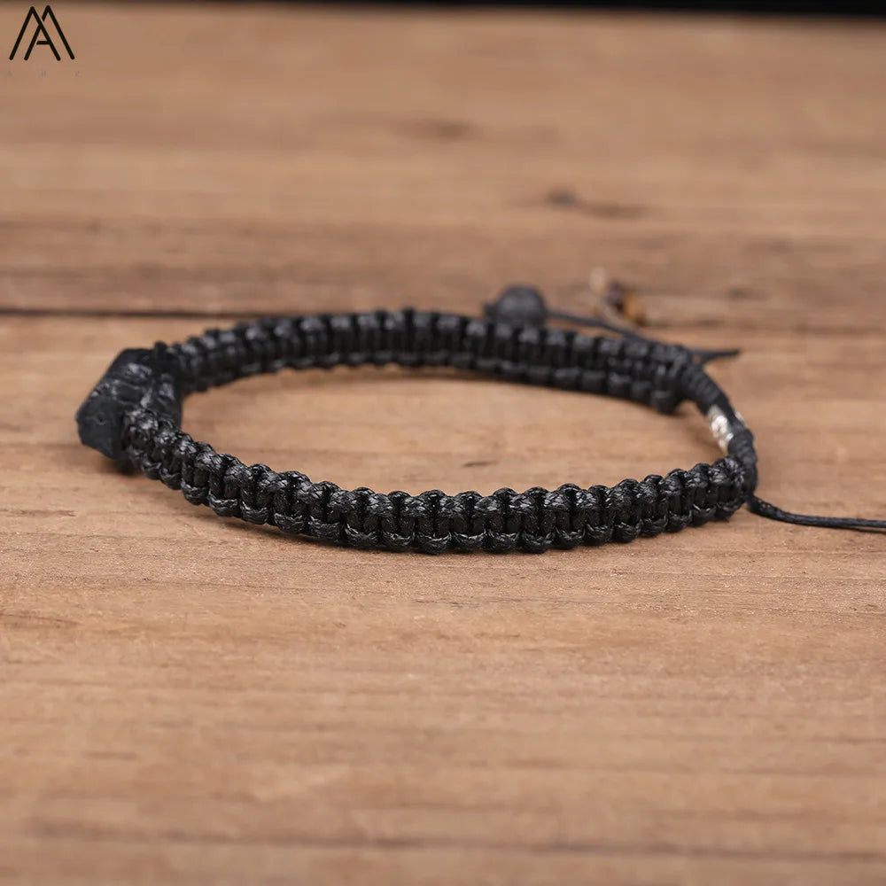 Natural Black Tourmaline Single Beads Woven Adjustable Bracelet