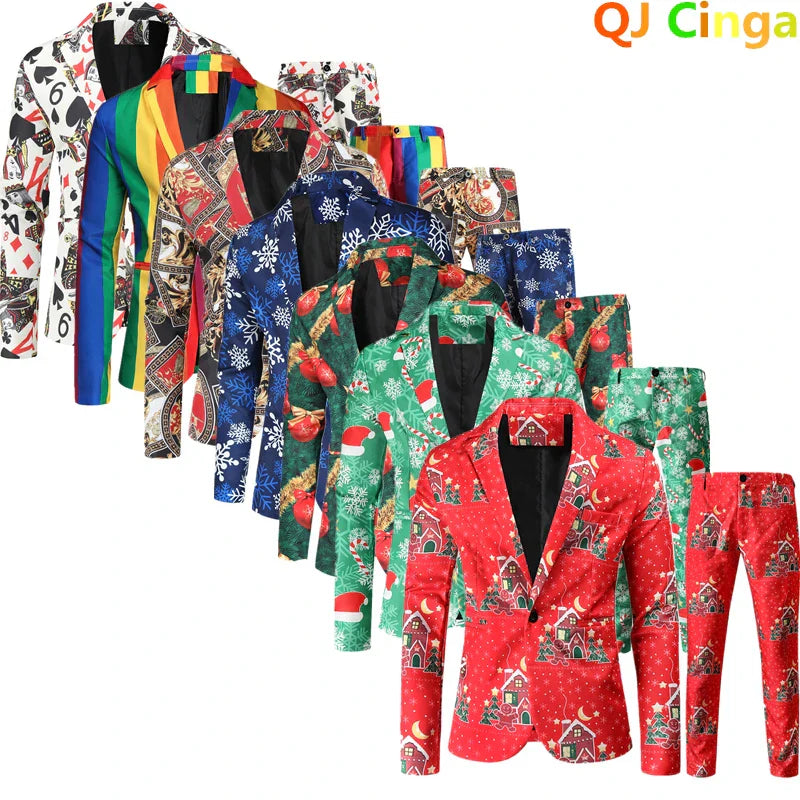 Red Printed Two-piece Men's Christmas Suit Jacket