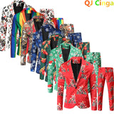 Red Printed Two-piece Men's Christmas Suit Jacket