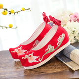 Veowalk Women Satin Cotton Ankle Strap Hidden Platform Shoes Vintage Chinese Style Embroidered Comfortable Hanfu Shoes Black Red