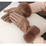 Women Faux Rabit Fur Wrist Suede Leather Touch