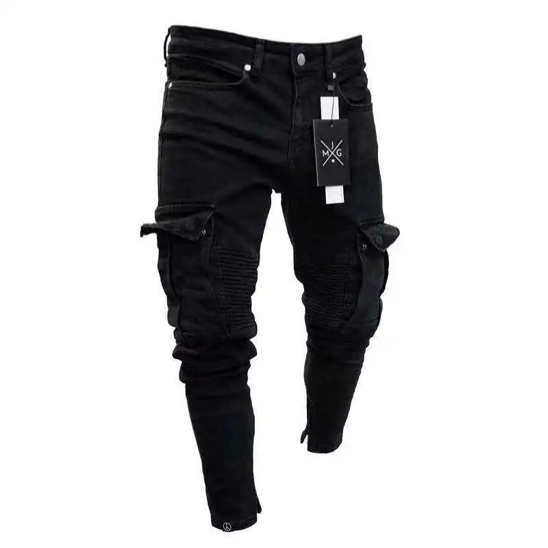 Men Slim Biker Ripped Long Denim Trousers Skinny