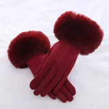 Women Faux Rabit Fur Wrist Suede Leather Touch