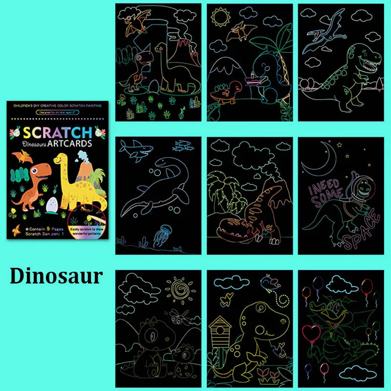 1Set Magic Color Rainbow Dinosaur Cartoon Scratch Art