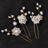 3pcs White Flower U Shaped Hairpin Pearl Elegant