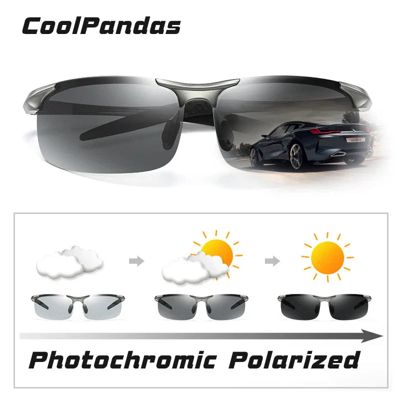 2023 Aluminum Rimless Photochromic Sunglasses Men Polarized Day