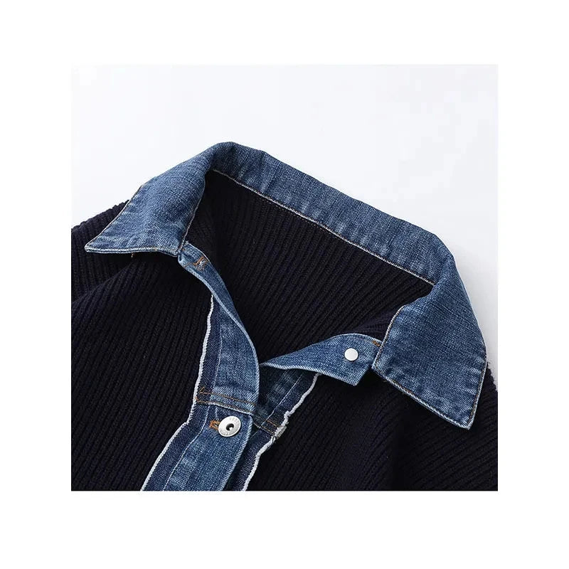 Korean Fashion Sweater Jacket Spring Autumn Denim Patchwork