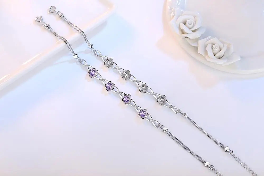 Luxury 925 Sterling Silver Bracelets Purple White Zirconia