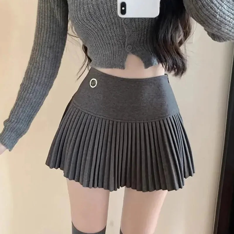HOUZHOU Woolen Pleated Skirt Women Korean Cute Sexy