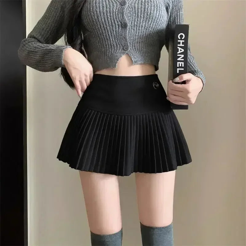 HOUZHOU Woolen Pleated Skirt Women Korean Cute Sexy