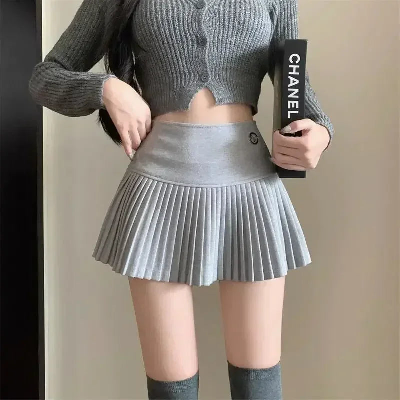 HOUZHOU Woolen Pleated Skirt Women Korean Cute Sexy