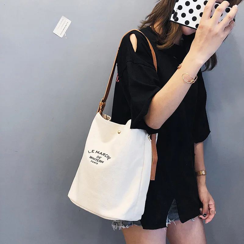 Women Casual Canvas Shoulder Bags PU Leather Strap