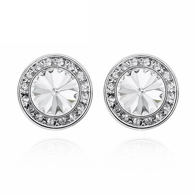 Silver Color Round Stud Earrings Real Crystals from