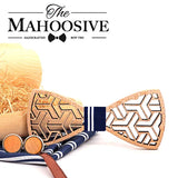 MAHOOSIVE Pocket Square Handkerchiefs Wood Bowtie Cufflinks Set