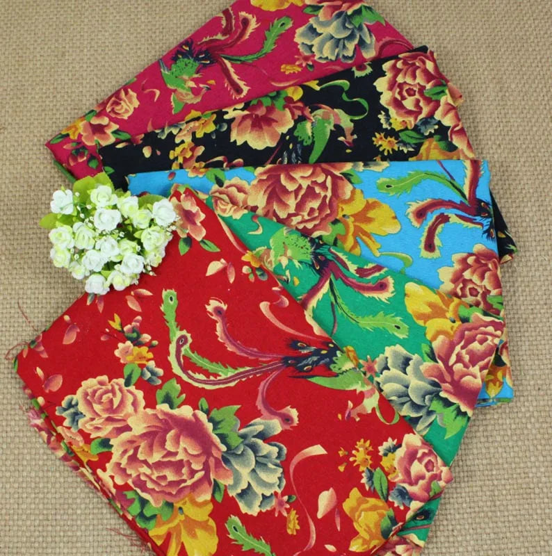 cottonlinen printed fabric chinese traditional Phoenix Peony flower