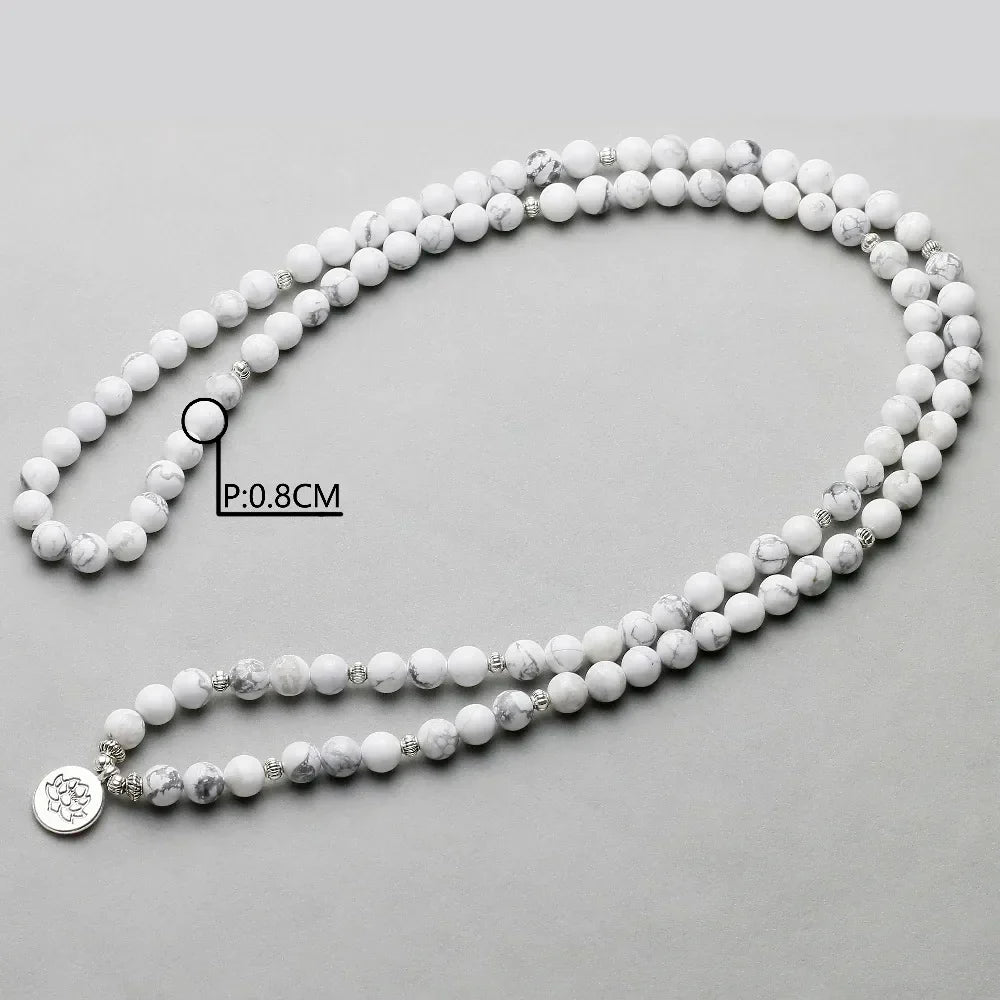 Women`s Bracelet White Howlite Beads with Lotus OM