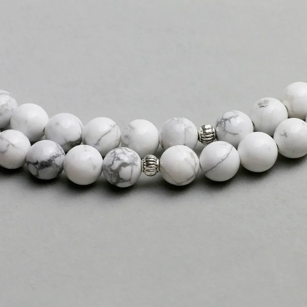 Women`s Bracelet White Howlite Beads with Lotus OM