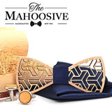 MAHOOSIVE Pocket Square Handkerchiefs Wood Bowtie Cufflinks Set