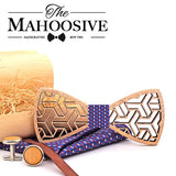 MAHOOSIVE Pocket Square Handkerchiefs Wood Bowtie Cufflinks Set