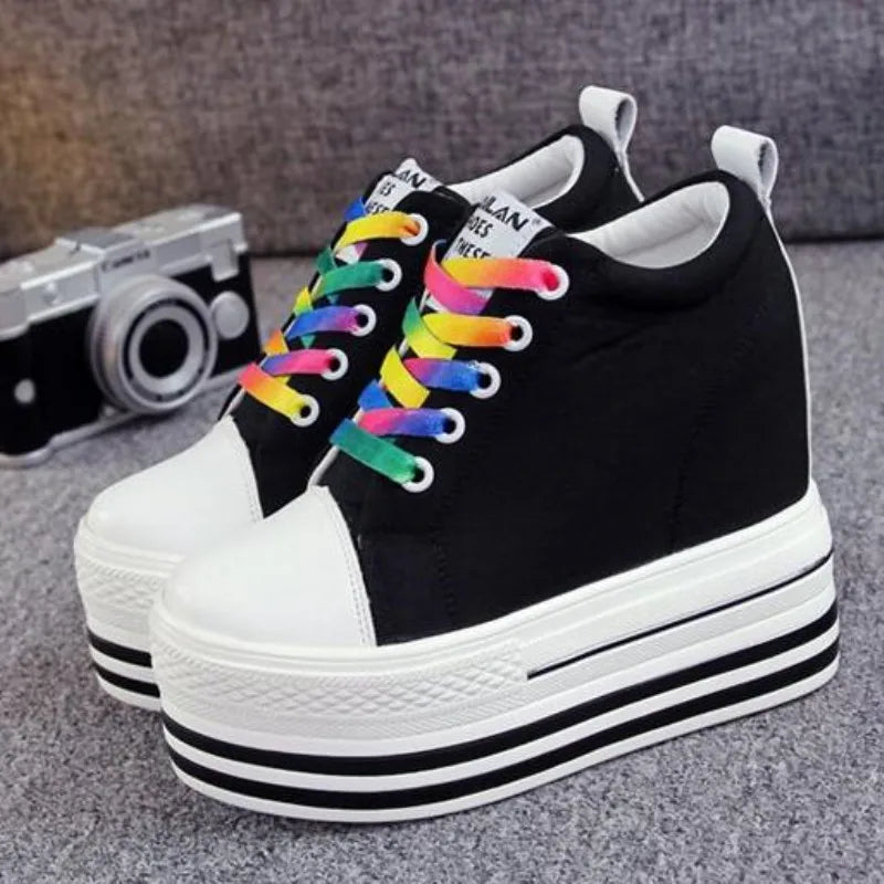 2023 Women's High Platform Wedge Canvas Sneakers – 12CM Hidden Heels