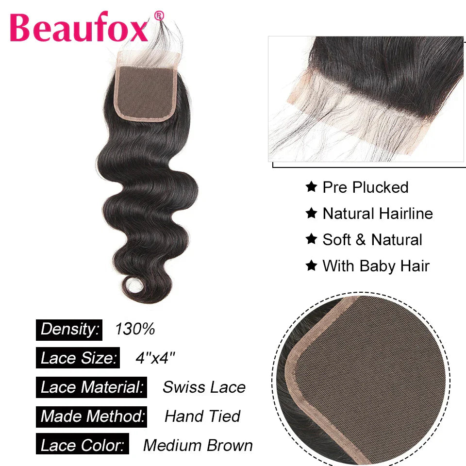 Beaufox Body Wave Bundles With Closure Brazilian Hair